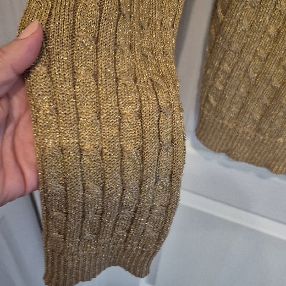 Lauren Ralph Lauren Gold Metallic Ribbed Silk Blend Crew Neck Sweater - Picture 3 of 7